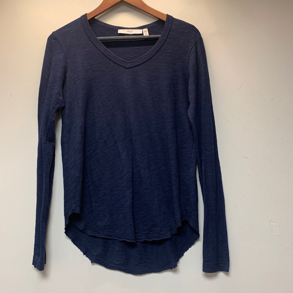 Wilt Long Sleeve V-Neck Top Womens XS Navy Blue Excellent Slub Knit High Low
